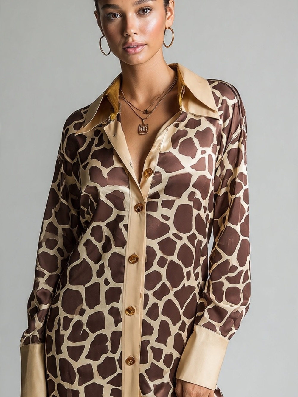 Giraffe-Print Satin Button-Up Shirt Dress in Brown